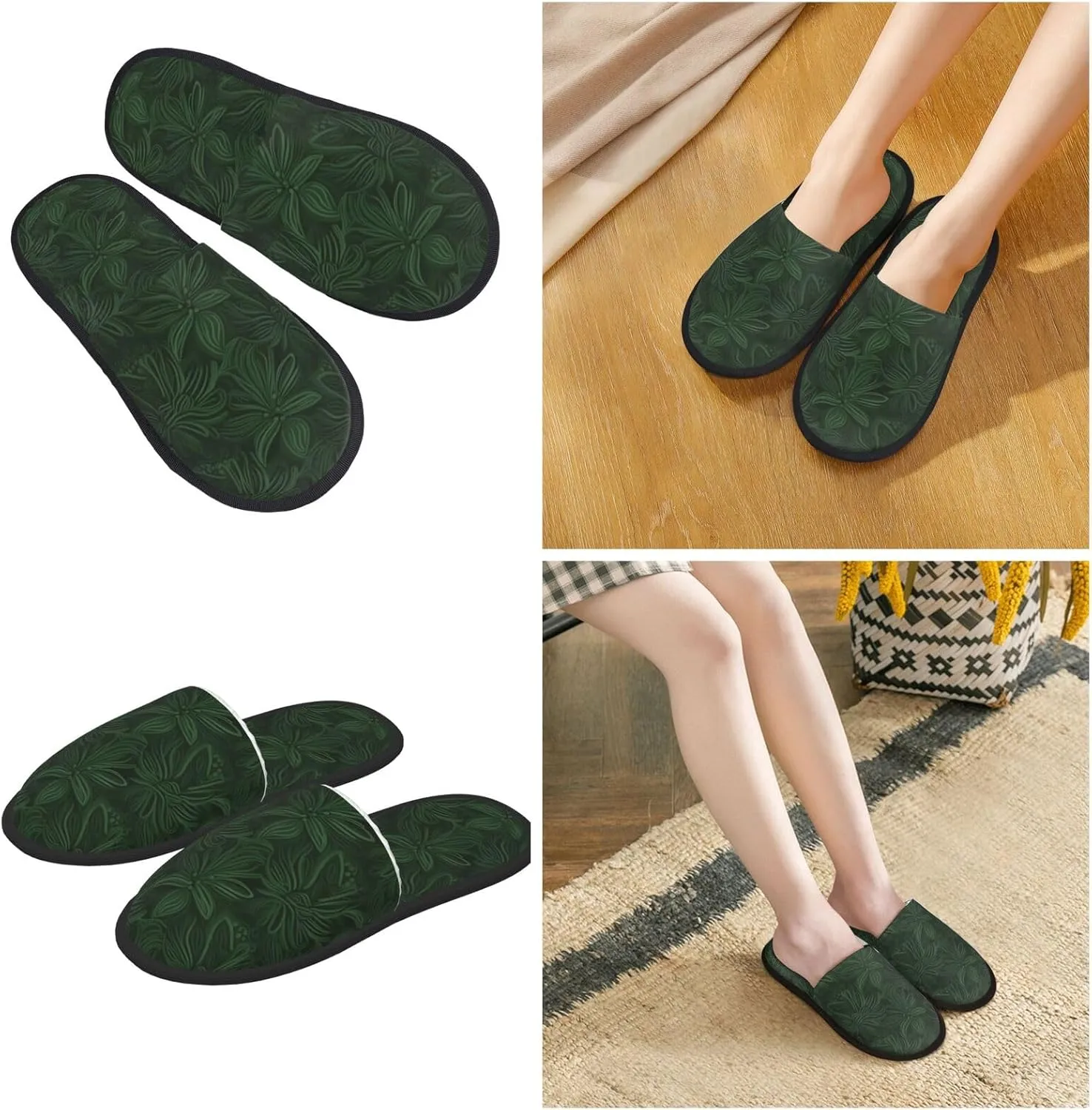 Slippers for Women Men Memory Foam Slippers Hunter Green Floral Petals Pattern House Slippers Winter Slides Indoor House Shoes