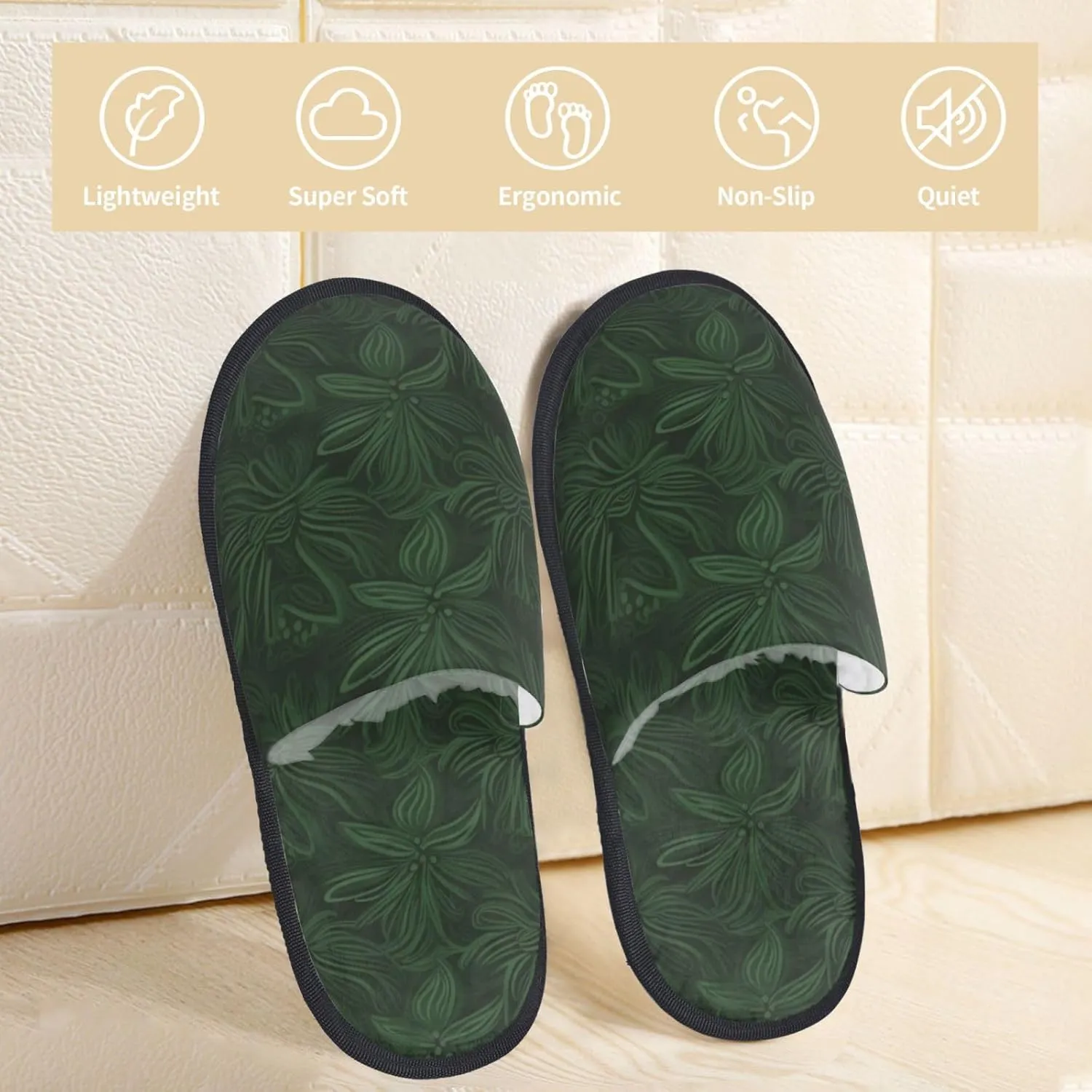 Slippers for Women Men Memory Foam Slippers Hunter Green Floral Petals Pattern House Slippers Winter Slides Indoor House Shoes
