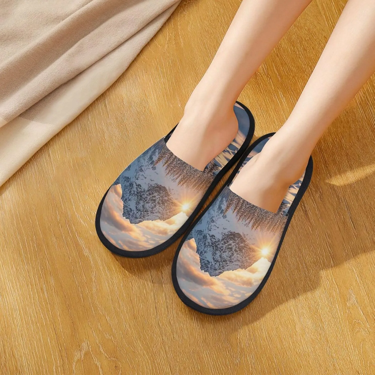 Slippers for Women Men Memory Foam Slippers Sunset Winter Mountains House Slippers Winter Slides Indoor House Shoes