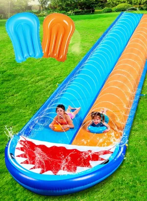 Sloosh Shark Double Water Slide, 22.5ft Heavy Duty Lawn Water Slip and Slide with Sprinkler and 2 Slip Inflatable Boards for Party Summer Yard Lawn Outdoor Play Activities
