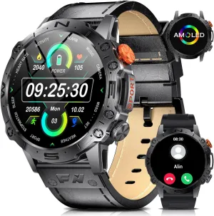 Smart Watches for Men with AI Voice/Bluetooth Call,1.43”AMOLED Always On Display,126  Sports Modes,60-Day Battery Life,5ATM Waterproof Fitness Tracker with Health Monitor (Leather)