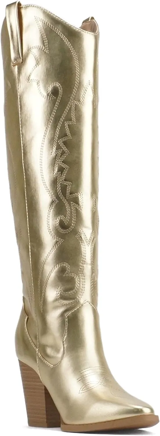 Soda “ARCADE” ~ Women Almond Toe Stitch Detail Pull-On High Heel Knee-High Western Boot