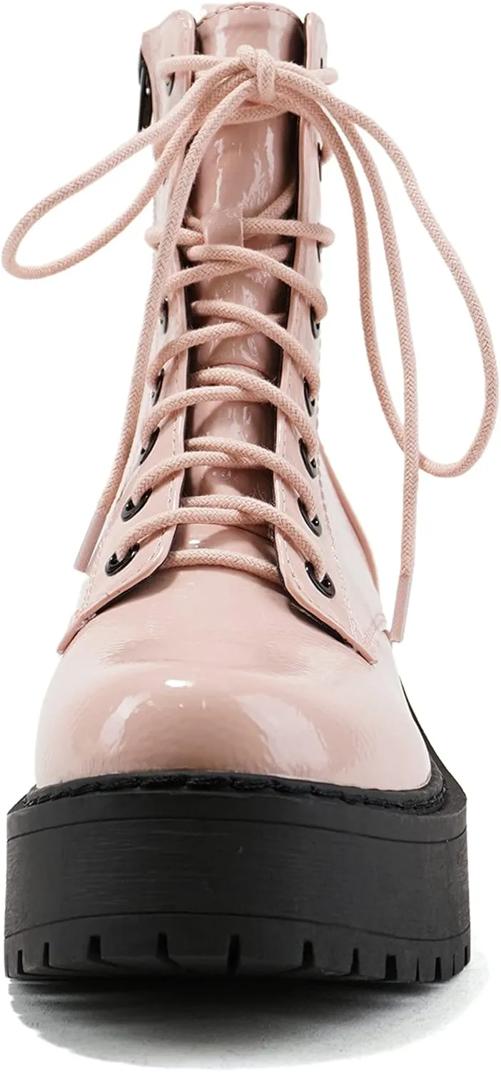 Soda FLING Women Chunky Lug Sole Lace up Fashion Combat Ankle Boot w/Side Zipper