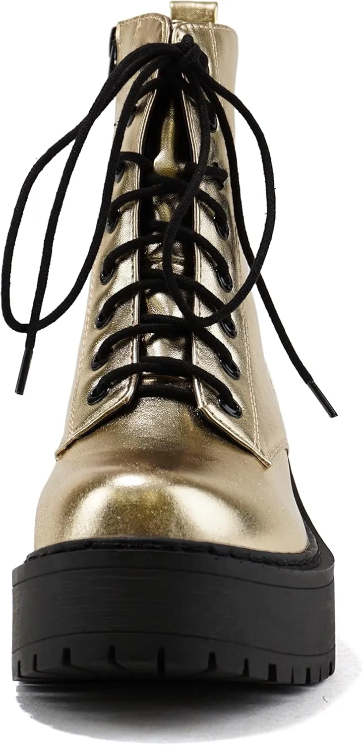 Soda FLING Women Chunky Lug Sole Lace up Fashion Combat Ankle Boot w/Side Zipper