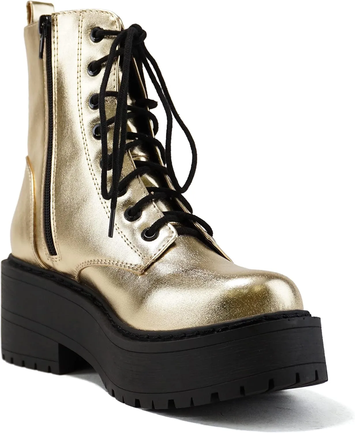 Soda FLING Women Chunky Lug Sole Lace up Fashion Combat Ankle Boot w/Side Zipper
