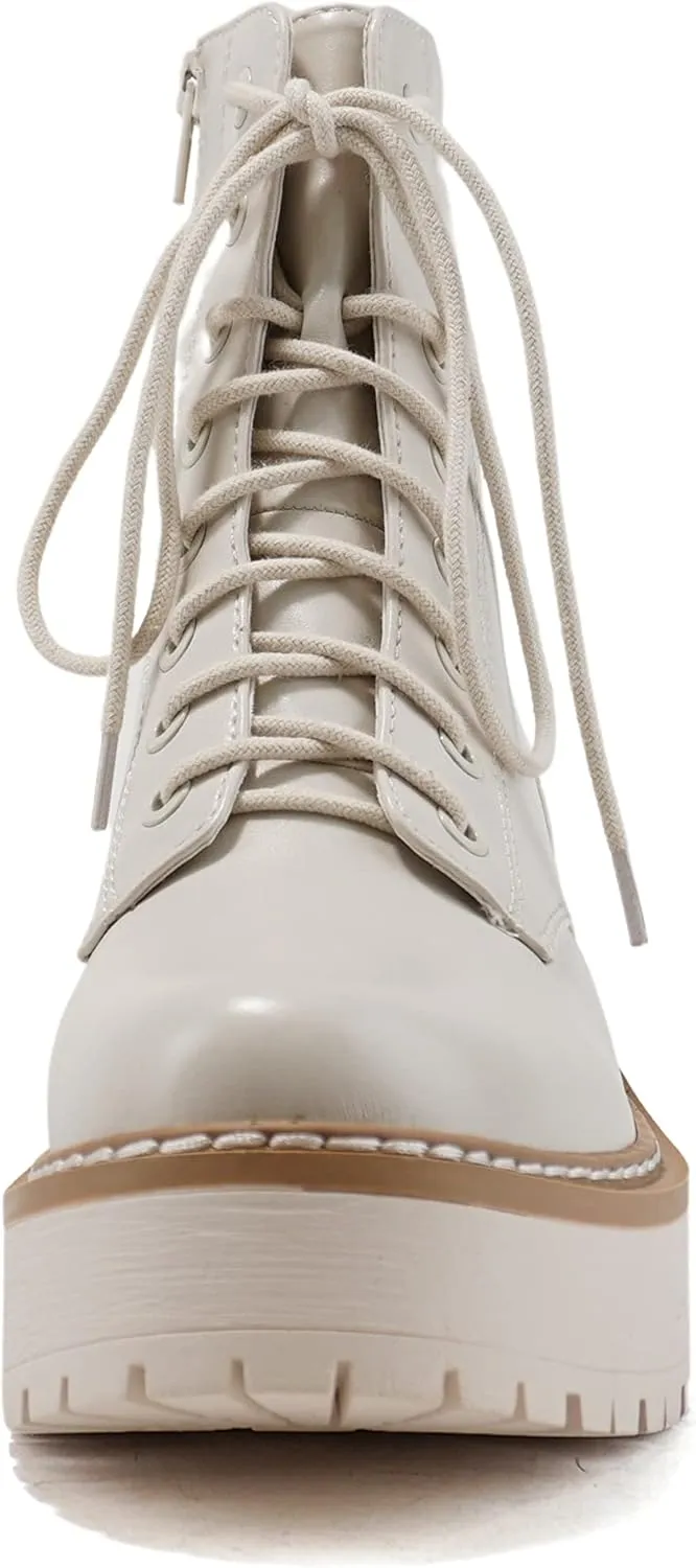 Soda FLING Women Chunky Lug Sole Lace up Fashion Combat Ankle Boot w/Side Zipper