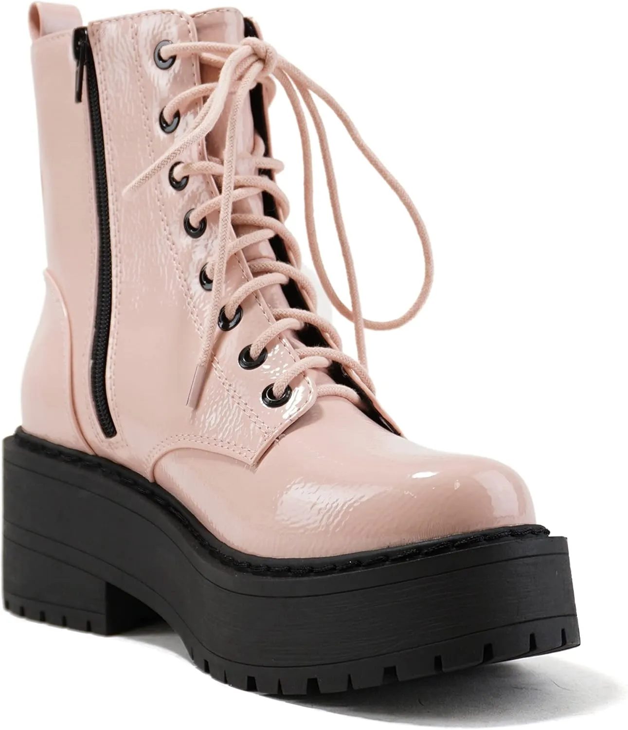 Soda FLING Women Chunky Lug Sole Lace up Fashion Combat Ankle Boot w/Side Zipper