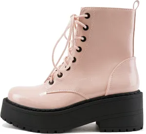 Soda FLING Women Chunky Lug Sole Lace up Fashion Combat Ankle Boot w/Side Zipper