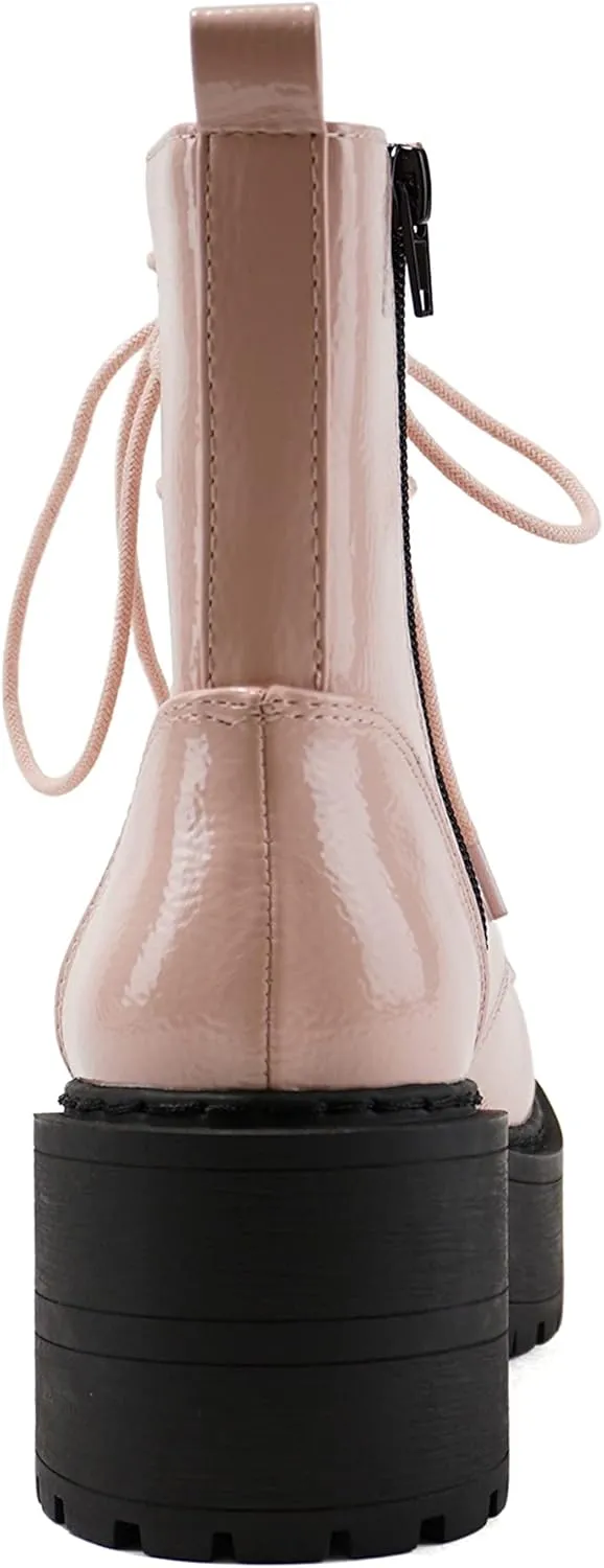 Soda FLING Women Chunky Lug Sole Lace up Fashion Combat Ankle Boot w/Side Zipper