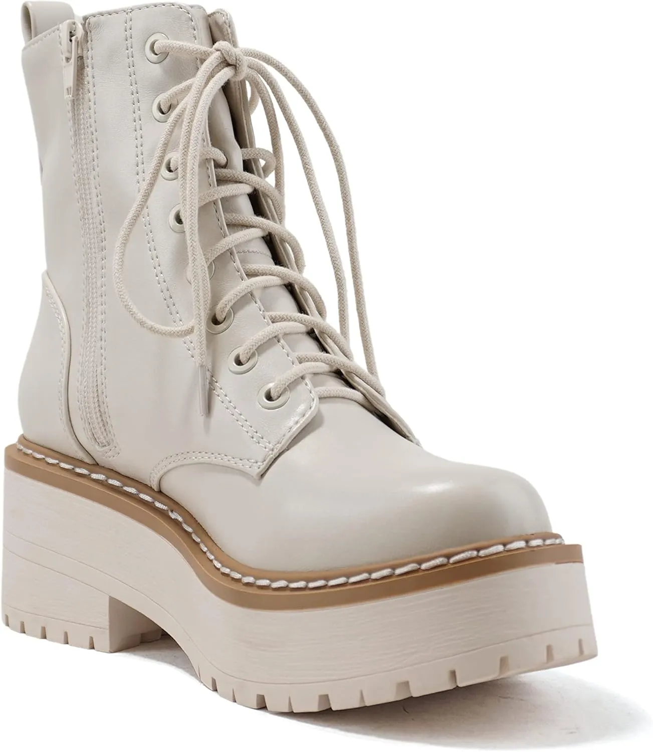 Soda FLING Women Chunky Lug Sole Lace up Fashion Combat Ankle Boot w/Side Zipper