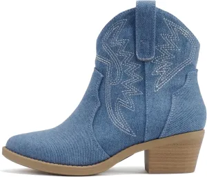 Soda “GESSO” ~ Women Pointed Toe Stitch Slip-On Low Stack Heel Ankle Western Boot