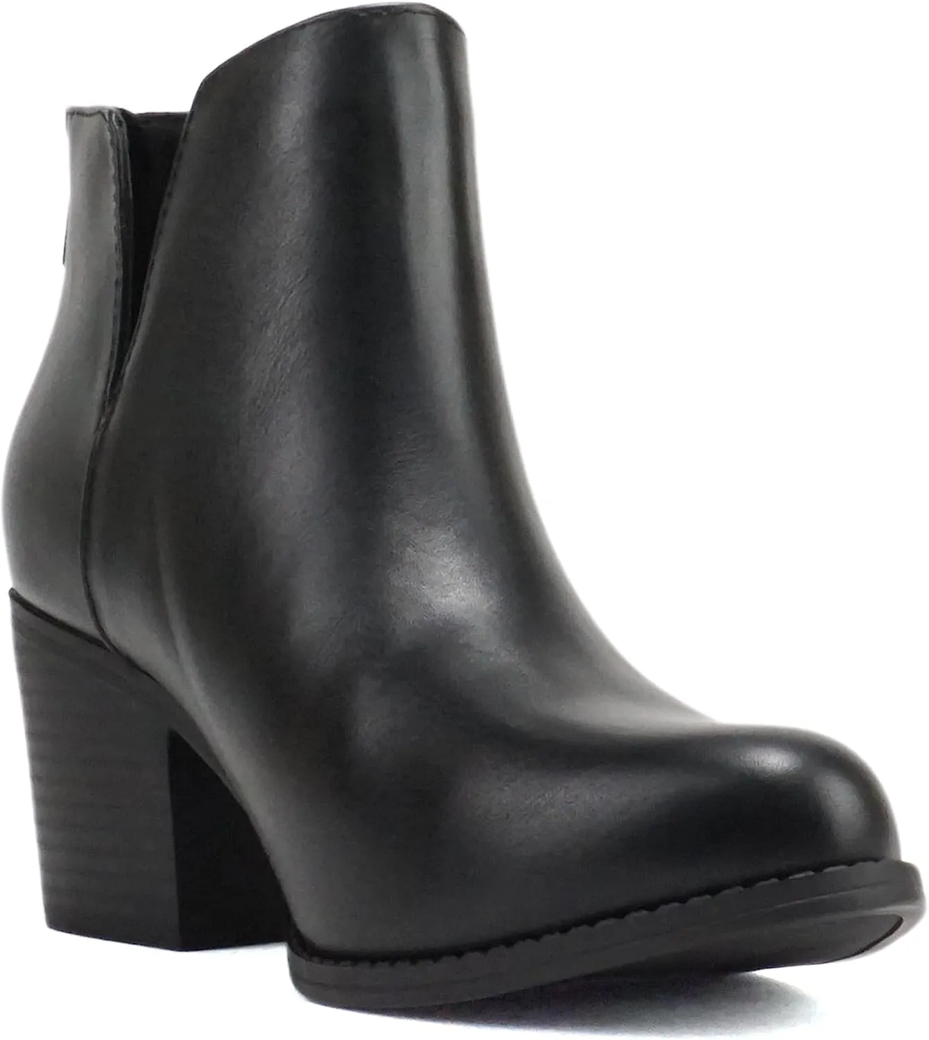 Soda “INBOUND” ~ Women Almond Toe V-Cut Sides Medium Stack Heel Ankle Boot Bootie with Back Zipper