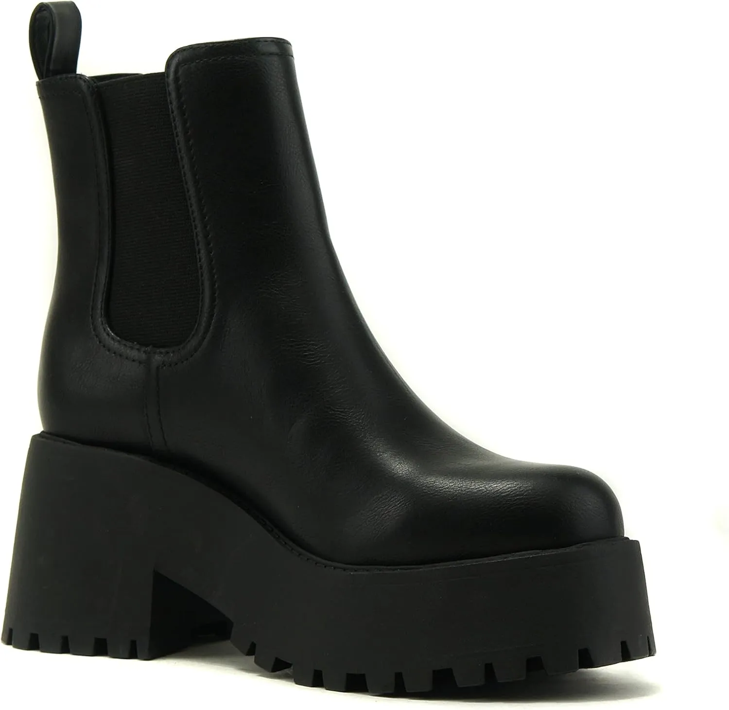 Soda INSTANT Women Chunky Lug Sole Mid Heel Chelsea Fashion Ankle Bootie w/Double Elastic Gore