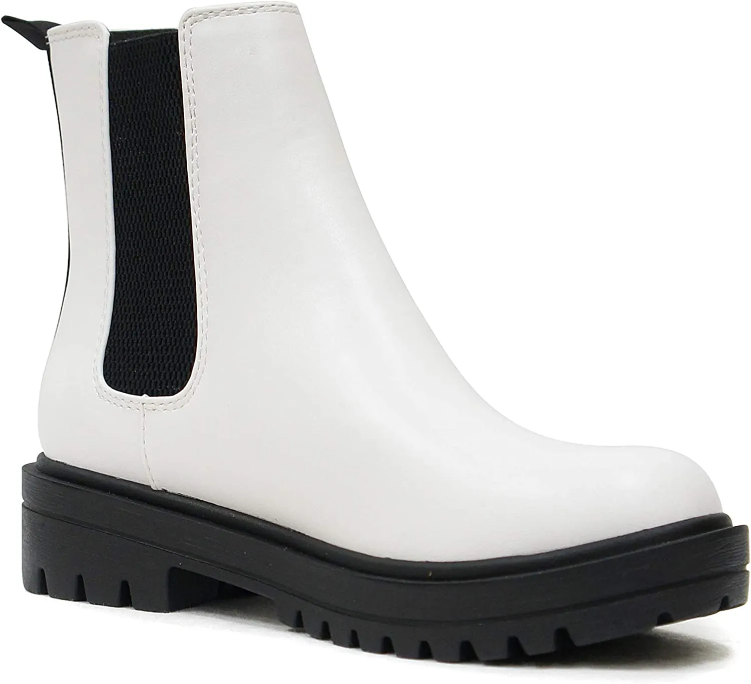 Soda Pilot ~ Women Lug Sole Low Heel Chelsea Fashion Ankle Bootie w/Double Elastic Gore (White, numeric_7_point_5)