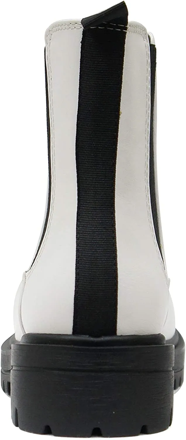 Soda Pilot ~ Women Lug Sole Low Heel Chelsea Fashion Ankle Bootie w/Double Elastic Gore (White, numeric_7_point_5)