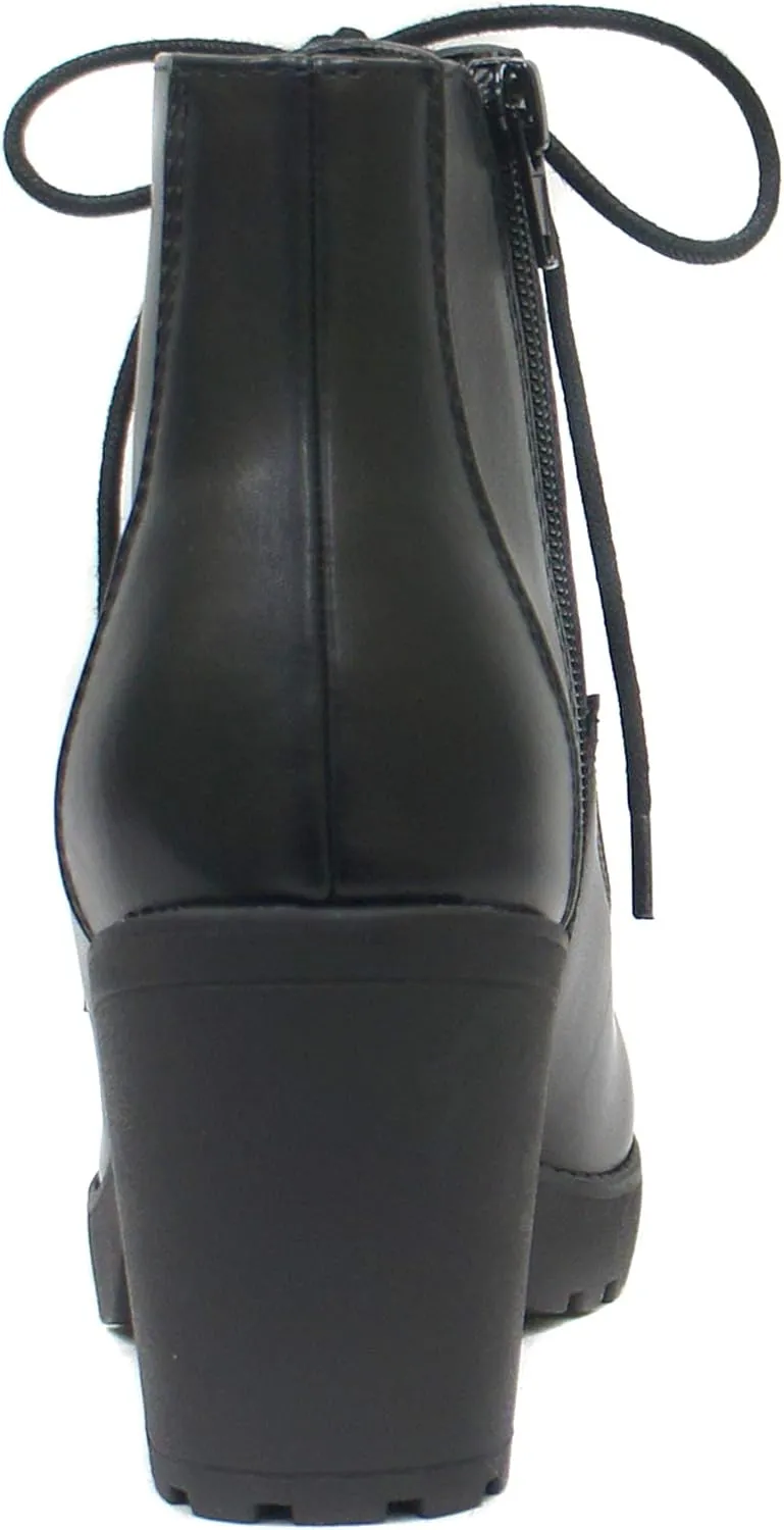 Soda Second Lug Sole Chunky Heel Combat Ankle Bootie Lace up w/Side Zipper