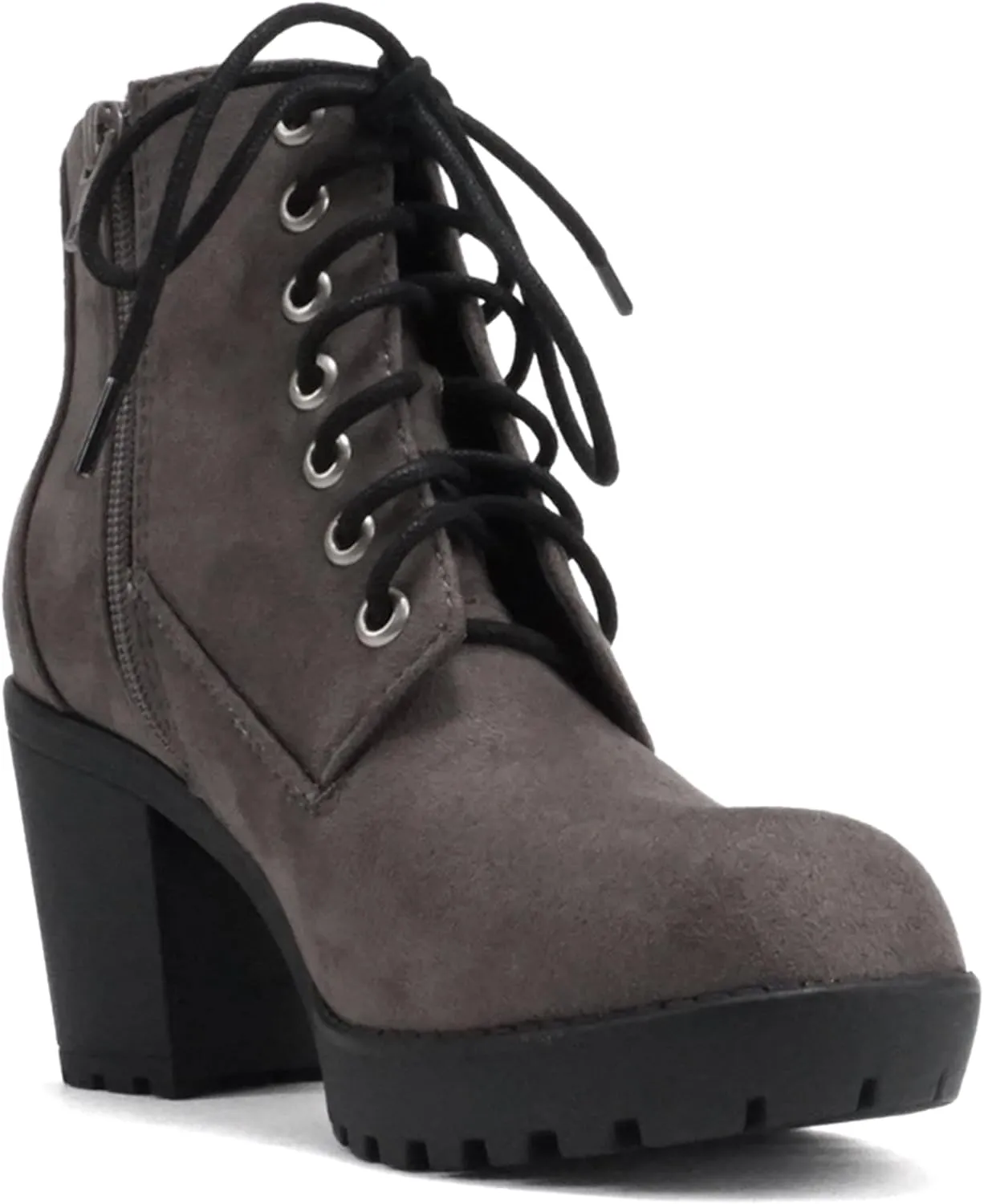 Soda Second Lug Sole Chunky Heel Combat Ankle Bootie Lace up w/Side Zipper