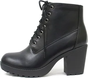 Soda Second Lug Sole Chunky Heel Combat Ankle Bootie Lace up w/Side Zipper