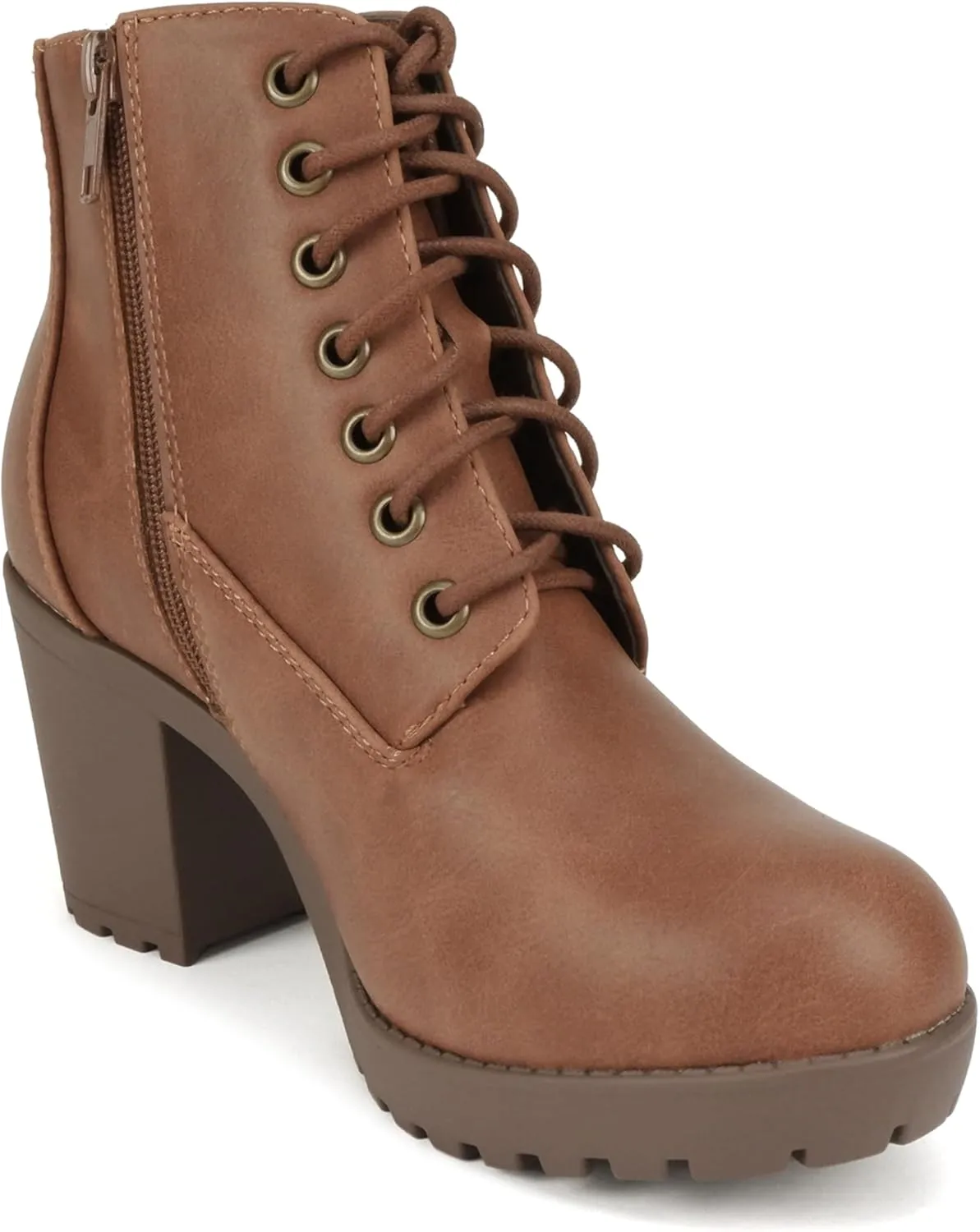 Soda Second Lug Sole Chunky Heel Combat Ankle Bootie Lace up w/Side Zipper