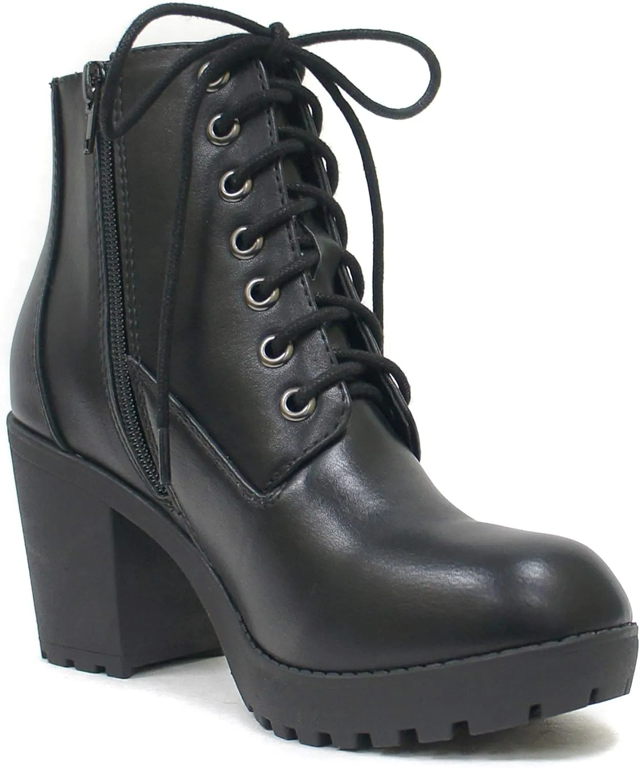 Soda Second Lug Sole Chunky Heel Combat Ankle Bootie Lace up w/Side Zipper