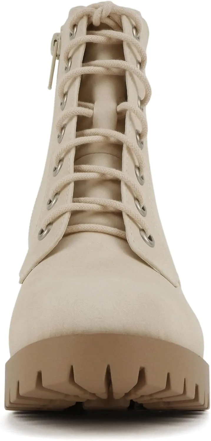Soda Single Lug Sole Chunky Heel Combat Ankle Boot Lace up w/Side Zipper