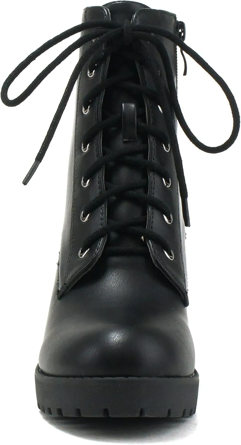 Soda WITTY Women's Lace Up Block Mid Heel Side Zipper Platform Booties