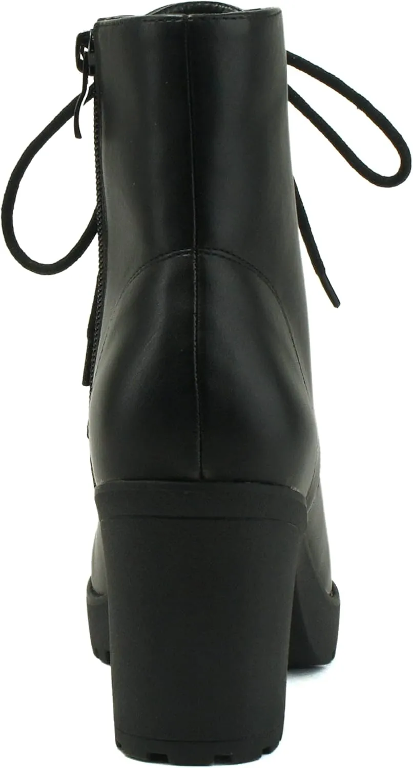 Soda WITTY Women's Lace Up Block Mid Heel Side Zipper Platform Booties