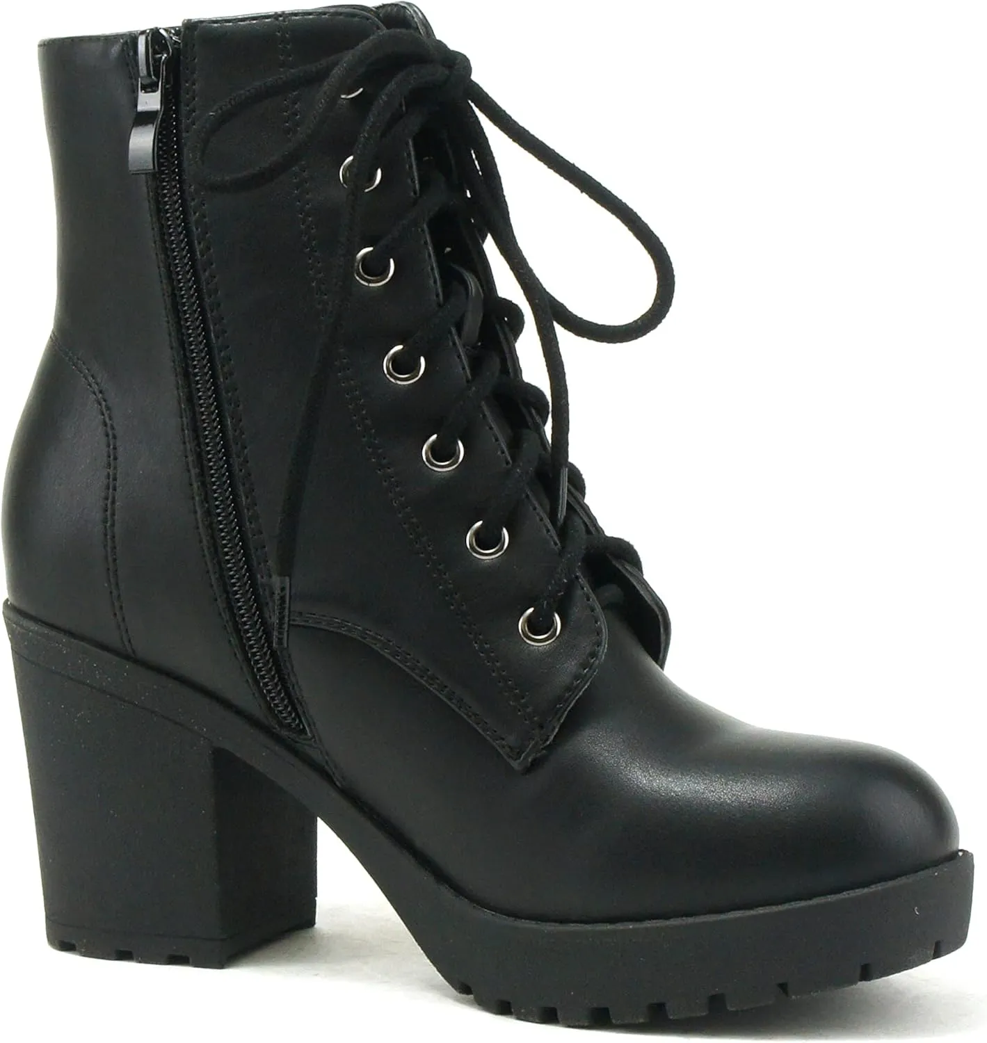 Soda WITTY Women's Lace Up Block Mid Heel Side Zipper Platform Booties