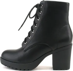 Soda WITTY Women's Lace Up Block Mid Heel Side Zipper Platform Booties