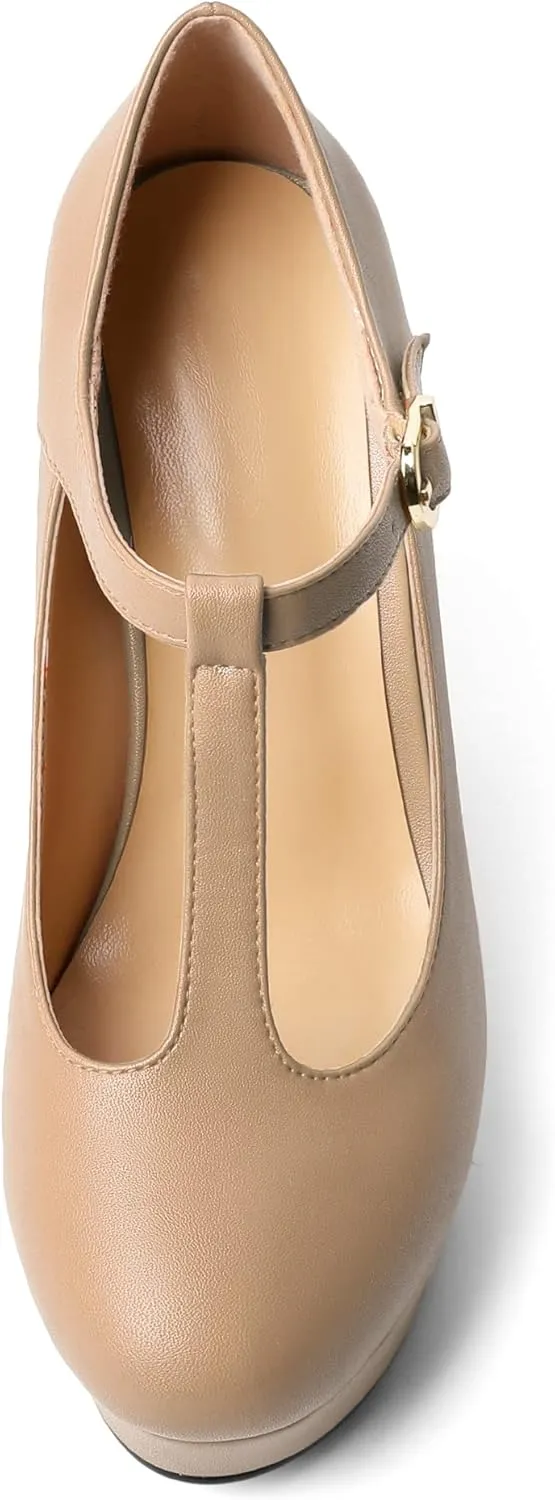 Soireelady Women's Platform Wedges Round Toe Wedge Heel Pumps T Strap High Heels Comfortable Office Dress Platform Pumps Classic Heeled Buckle Shoes