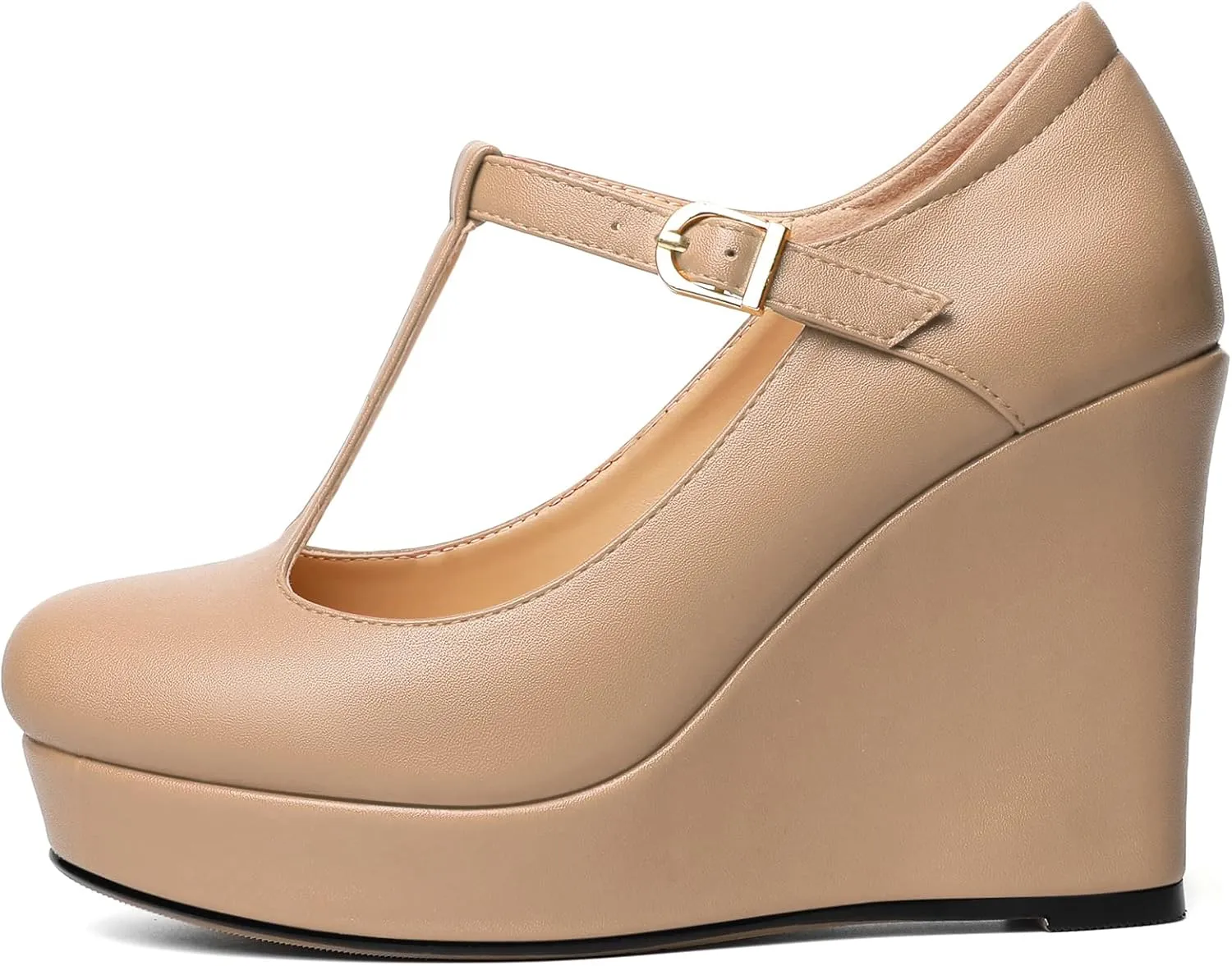 Soireelady Women's Platform Wedges Round Toe Wedge Heel Pumps T Strap High Heels Comfortable Office Dress Platform Pumps Classic Heeled Buckle Shoes
