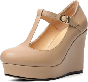 Soireelady Women's Platform Wedges Round Toe Wedge Heel Pumps T Strap High Heels Comfortable Office Dress Platform Pumps Classic Heeled Buckle Shoes