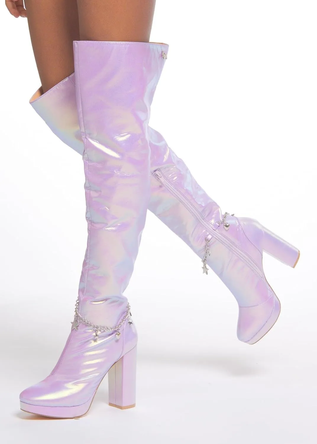 Sparkl Fairy Couture Women's Over The Knee Thigh High Chunky Heel Zip Up Naomi Boots Lilac