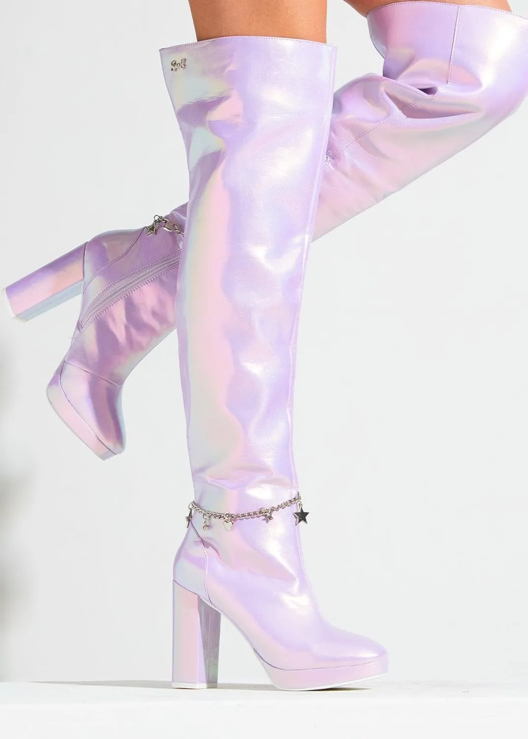 Sparkl Fairy Couture Women's Over The Knee Thigh High Chunky Heel Zip Up Naomi Boots Lilac