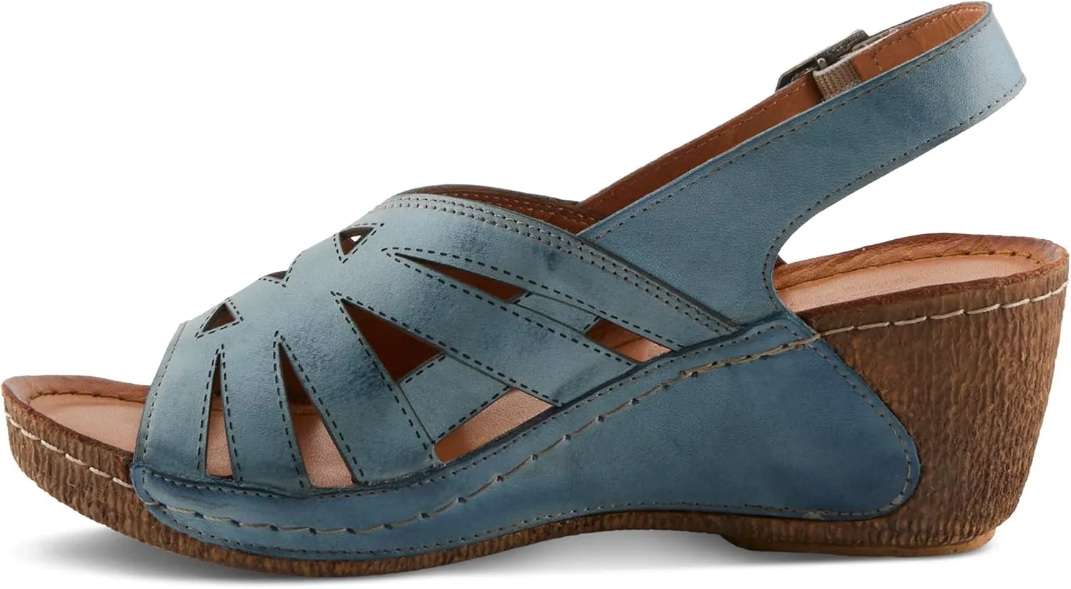 Spring Step Women's CATHY Buckle Wedges - Premium Leather, Laser-Cut Design, Adjustable Slingback