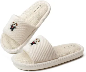 Spring Summer House Slippers for Women's and Men's, Corduroy Fabric Casual Mute Cotton Flax slide, Non-Slip Open Toe Home Shoes, Indoor and Outdoor