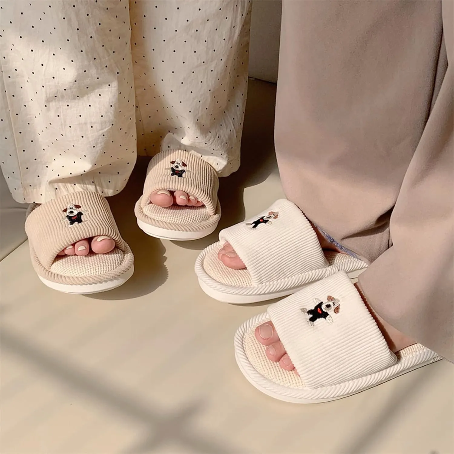 Spring Summer House Slippers for Women's and Men's, Corduroy Fabric Casual Mute Cotton Flax slide, Non-Slip Open Toe Home Shoes, Indoor and Outdoor