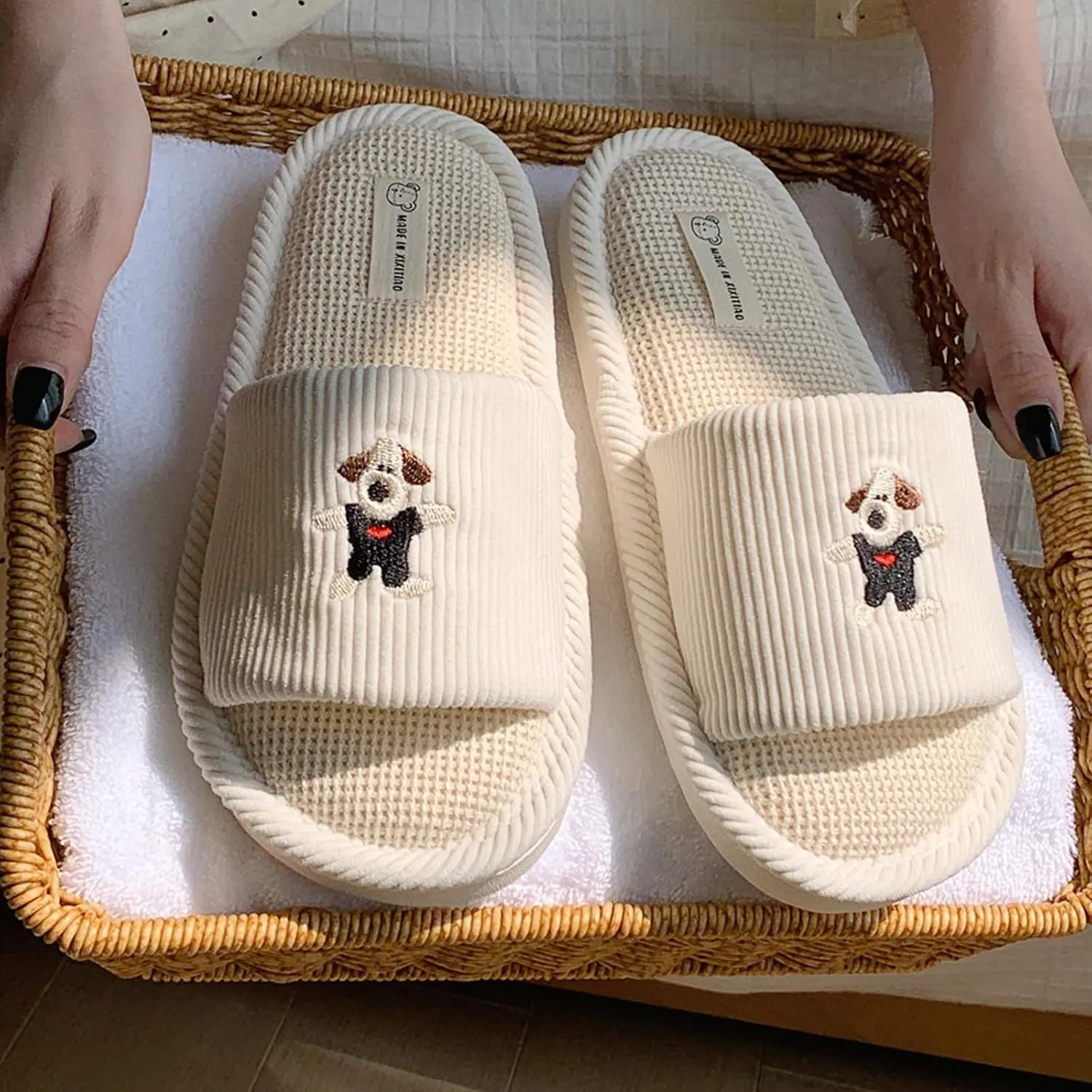 Spring Summer House Slippers for Women's and Men's, Corduroy Fabric Casual Mute Cotton Flax slide, Non-Slip Open Toe Home Shoes, Indoor and Outdoor