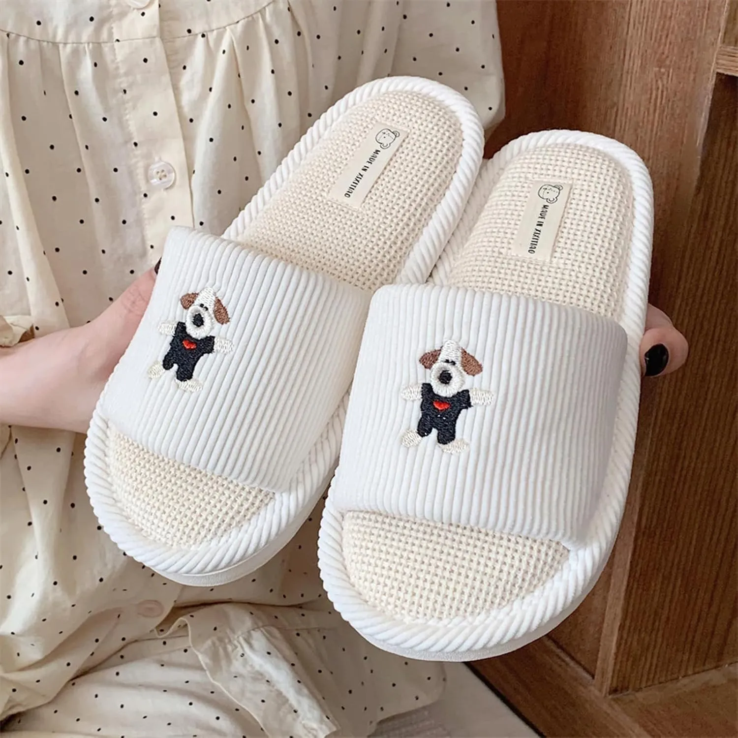 Spring Summer House Slippers for Women's and Men's, Corduroy Fabric Casual Mute Cotton Flax slide, Non-Slip Open Toe Home Shoes, Indoor and Outdoor