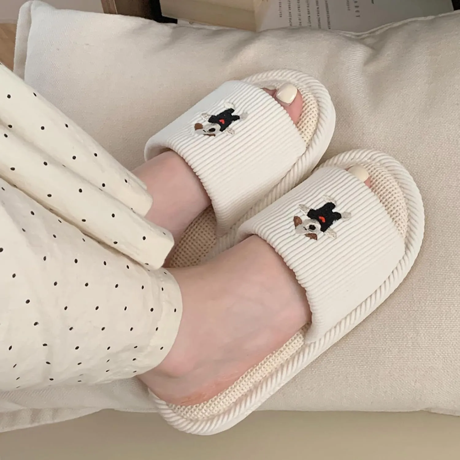 Spring Summer House Slippers for Women's and Men's, Corduroy Fabric Casual Mute Cotton Flax slide, Non-Slip Open Toe Home Shoes, Indoor and Outdoor