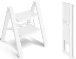 Step Stool, 2 Step Ladder with Anti-Slip and Wide Pedal, Portable Iron Foldable Stepladder for Home and Kitchen, 300lbs - White