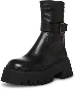 Steve Madden Ankle Boot Everly Black Leather Lugged Sole Buckle Detailed Ankle Combat Boots
