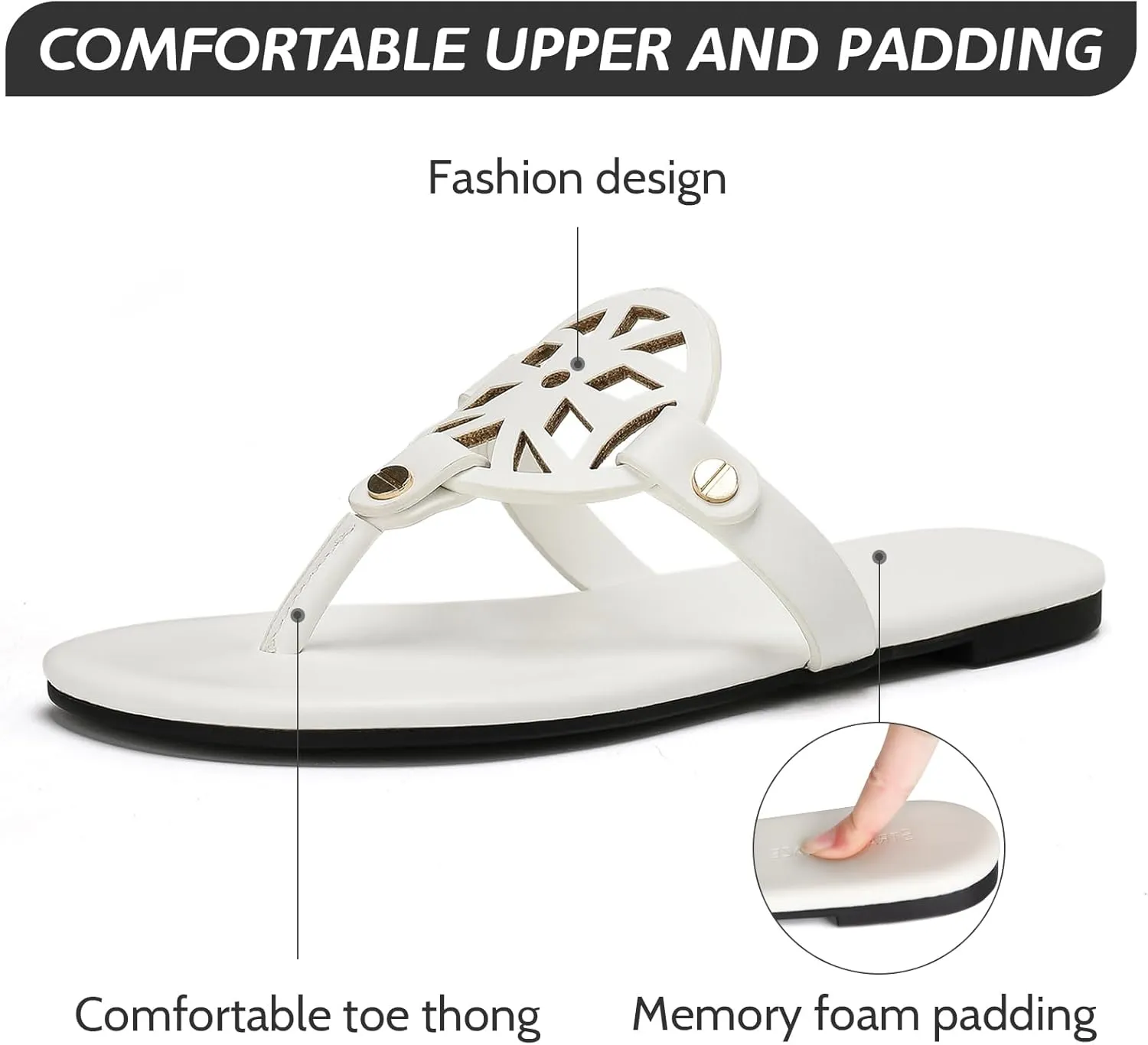 Stratuxx Kaze Flip Flops for Women with Memory Foam, Women's Flat Sandals Dressy Slide Sandals Comfortable Slippers for Women