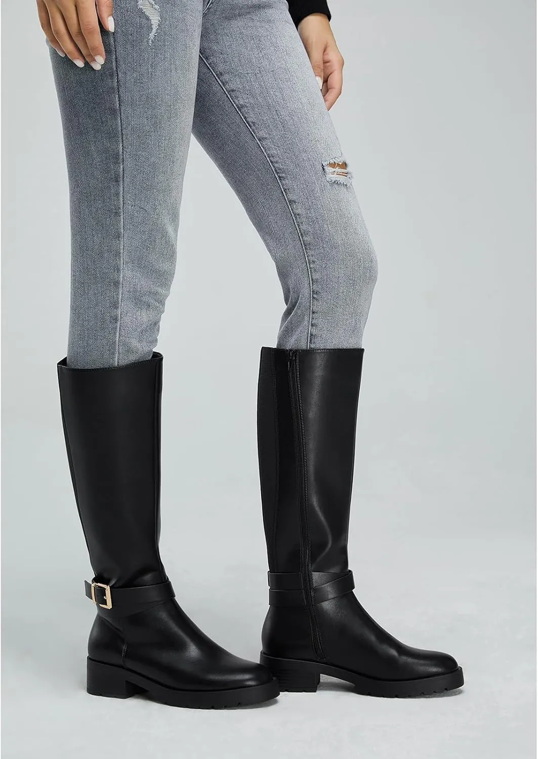 Stratuxx Kaze Women's Knee High Boots Wide Calf Side Zipper Low Heel Riding Boots Womens Tall Boots