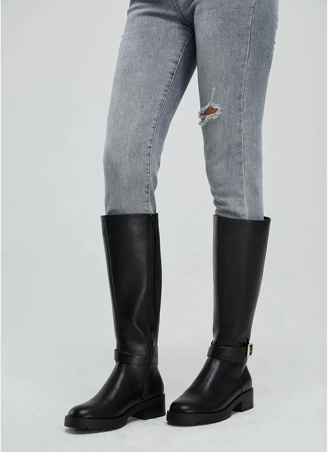 Stratuxx Kaze Women's Knee High Boots Wide Calf Side Zipper Low Heel Riding Boots Womens Tall Boots