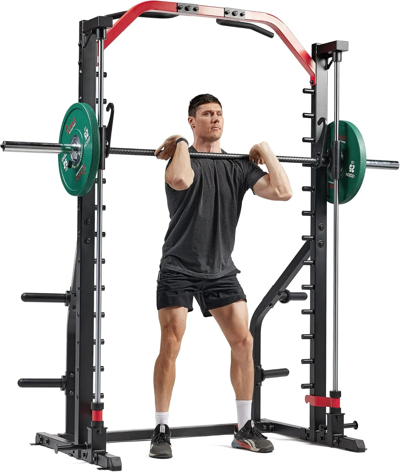 Sunny Health & Fitness Premium Smith Machine & Squat Cage Rack, Pull-Up Bar, Spotter Blocks for Weightlifting & Bench Press for Home Gym Strength Training