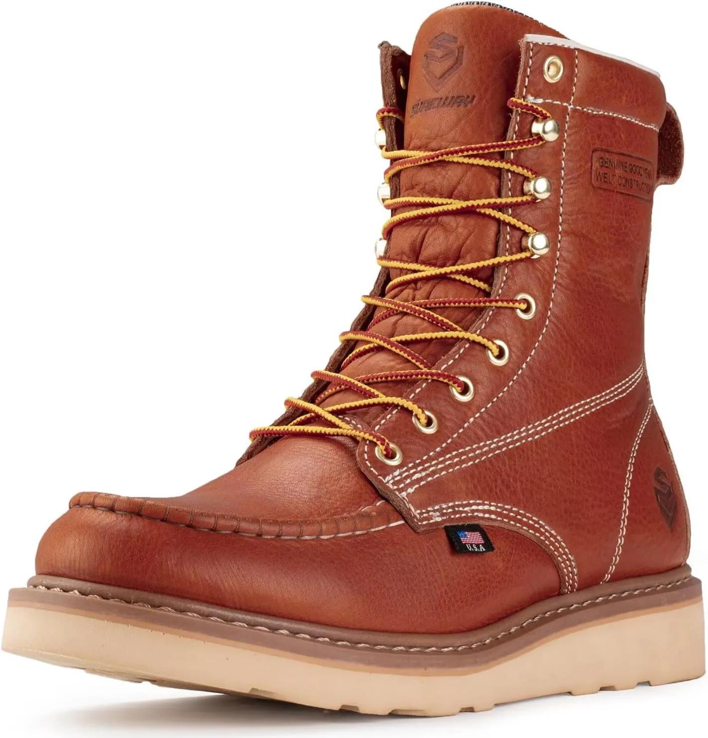 SUREWAY 8in Wedge Moc Toe Work Boots for Men - Soft Toe,Premium Full-Grain Leather,Safety Work Boots/Shoes,Comfort Insole,Oil/Slip Resistant,Real Goodyear,EH Rated Industrial Construction