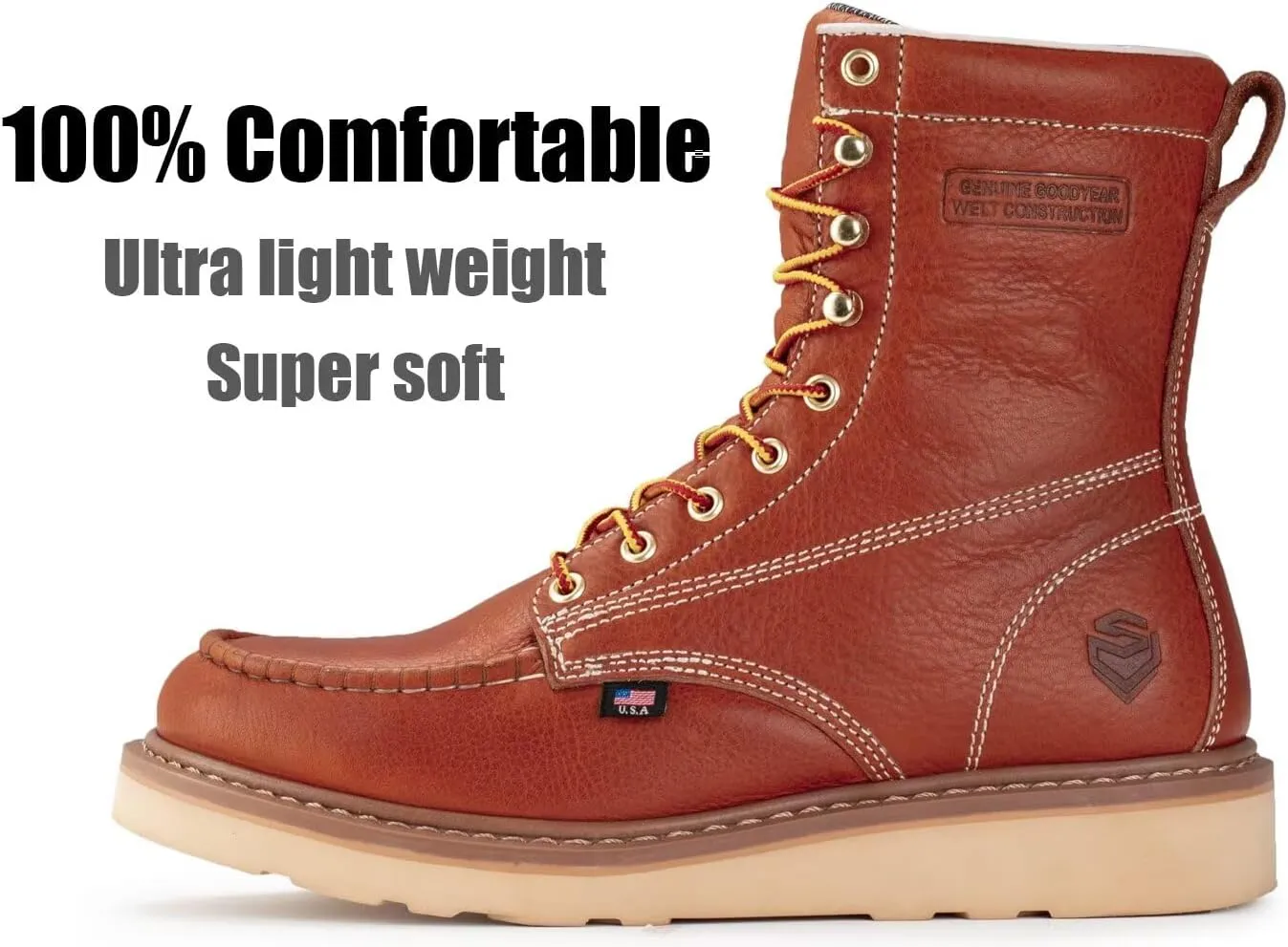 SUREWAY 8in Wedge Moc Toe Work Boots for Men - Soft Toe,Premium Full-Grain Leather,Safety Work Boots/Shoes,Comfort Insole,Oil/Slip Resistant,Real Goodyear,EH Rated Industrial Construction