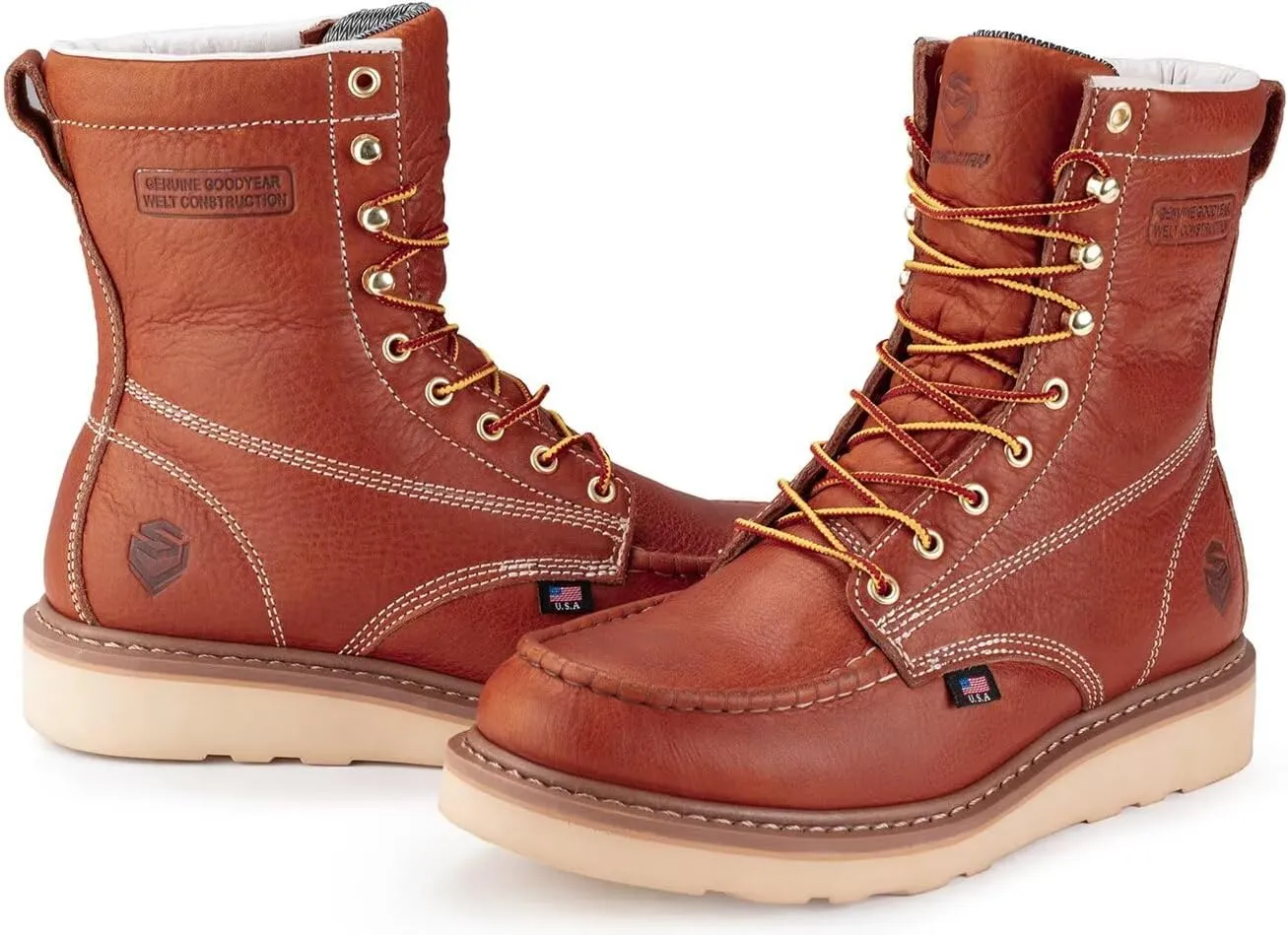 SUREWAY 8in Wedge Moc Toe Work Boots for Men - Soft Toe,Premium Full-Grain Leather,Safety Work Boots/Shoes,Comfort Insole,Oil/Slip Resistant,Real Goodyear,EH Rated Industrial Construction
