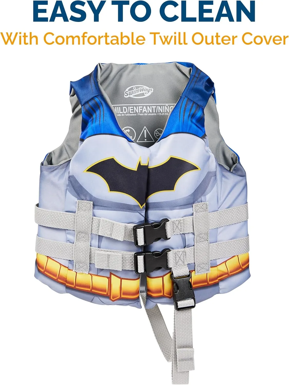 SwimWays DC Swim Trainer Life Jacket, US Coast Guard Approved Life Vest Kids Swim Vest, Pool Floats & Life Jackets for Kids 33-55 lbs, Batman